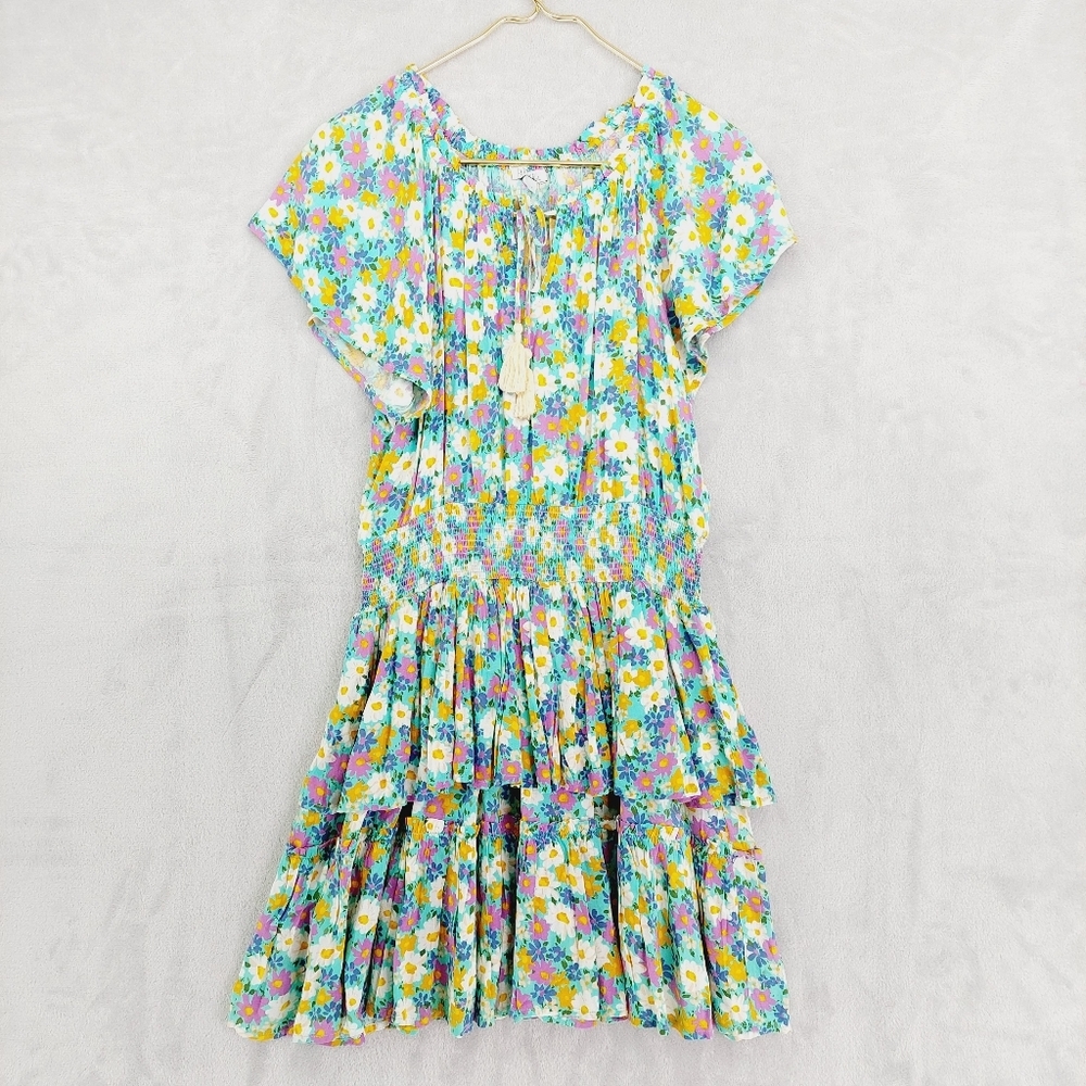 Patrons Of Peace Women's Floral Short Sleeve Ruffle Tiered Dress P5705